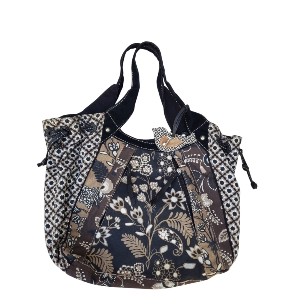 ✔️Fossil Black and Brown Floral Patchwork Hobo Bag, EUC